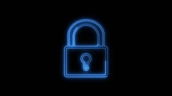 Neon blue padlock icon on a black background. Symbolizing cyber security and digital privacy.