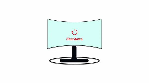 Computer monitor displaying a shutdown icon and text isolated on a white background.