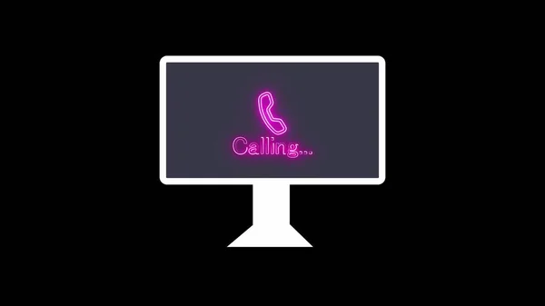 Computer monitor with a neon phone icon and calling...text on screen on black abstract background.