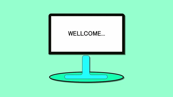 Computer monitor with a welcome symbol on screen isolated icon on a green background.