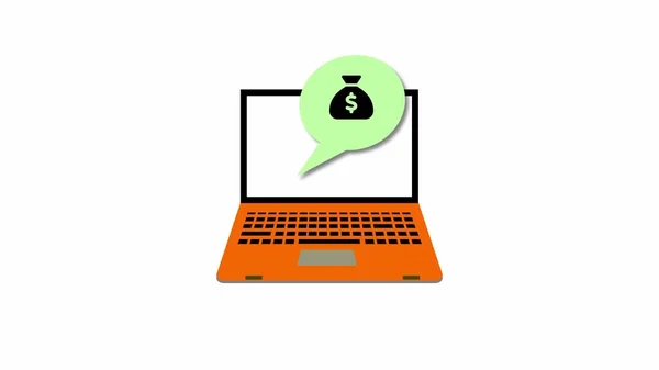 Laptop with orange laptop with a green money bag icon in a speech bubble, representing online income or e-commerce.