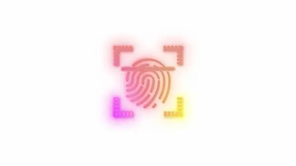 Colorful neon fingerprint surrounded by glowing brackets icon on a white background.