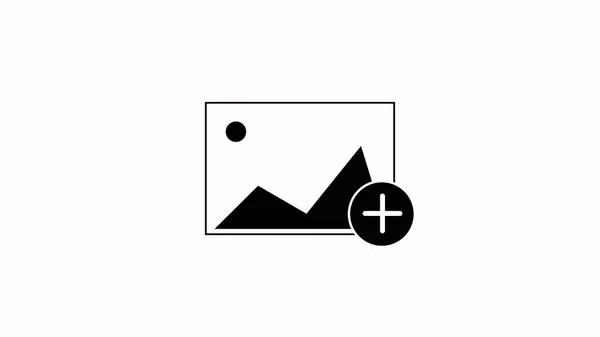 Icon representing image upload or addition, featuring a simplistic landscape with mountains and a sun, and a plus sign indicating action.