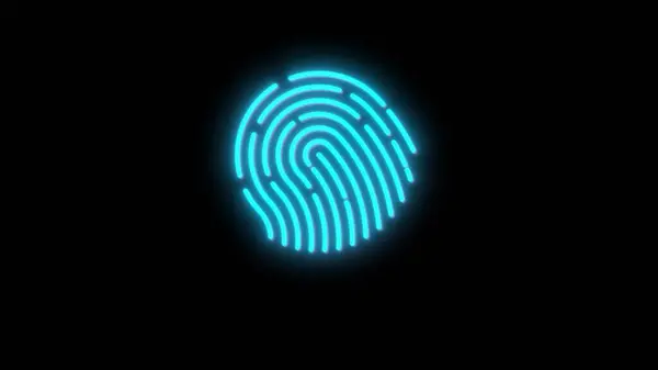 Blue neon fingerprint icon glowing against a black background.
