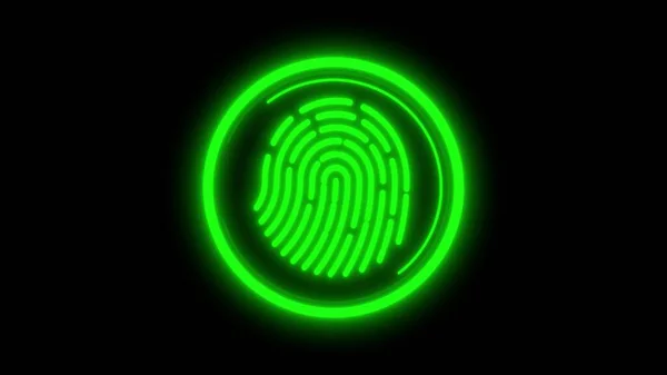 Green neon fingerprint icon glowing against a black background.