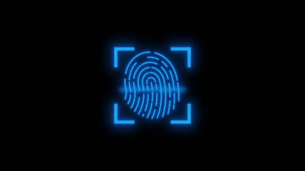 Blue neon fingerprint icon glowing against a black background.