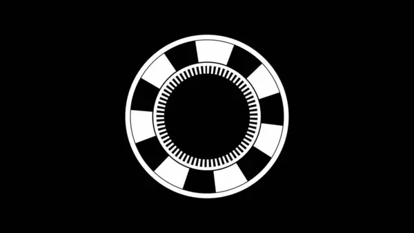 Black background with a red and white circular geometric design icon.