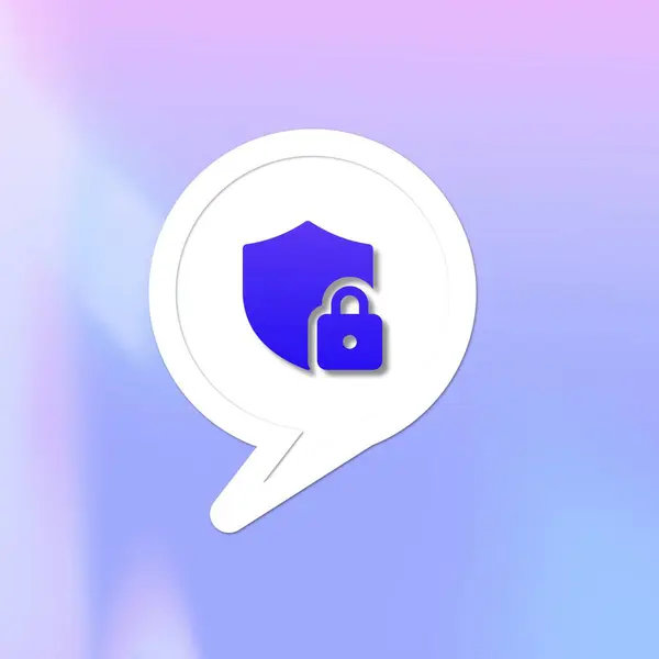 Digital security concept with a shield and padlock icon inside a speech bubble on a blue background.