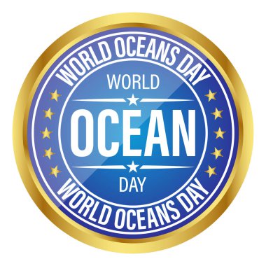 Okyanusların günlük tasarımı, yuvarlak rozet, poster, etiket, amblem, logo, mühür, pul, dünya okyanus günü alıntıları, tişört tasarımı, klasik, retro vektör illüstrasyon geçmişi
