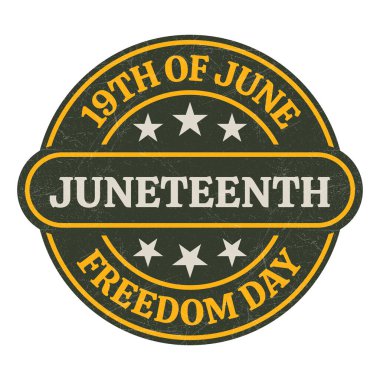 Haziran ya da Haziran 19 Rozet, Logo, Amblem, Mühür, Etiket, Juneteenth Ulusal Özgürlük Günü, Juneteenth Tshirt Tasarımı, Damga, Lastik, Kart, Vintage, Retro Design, Amerika Birleşik Devletleri Özgürlük Günü
