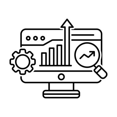 Arama motoru optimizasyonu, SEO Simgesi, Arama Motoru Sıralama Vektörü Masaüstü Bilgisayarı, Grafiği ve Büyütme Cam Vektörü İllüstrasyonu