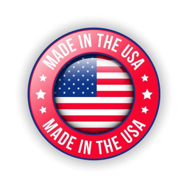 Glossy Made in USA Rozet, Made in United States, Made in the USA amblem, American Flag, Made in USA Seal, Made in USA vector, Icons, Original Product, Vector Illustration in 3D Realistik Mood