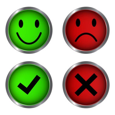 Glossy Happy And Sad Faces, True And False Check Mark, Tick And Cross, Yes And No Check Marks On Circle, Green And Red Color For Good Mood And Bad Mood Emoticon Vector Illustration clipart