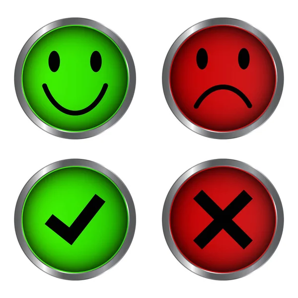 Glossy Happy Sad Faces True False Check Mark Tick Cross — Stock Vector