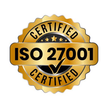 ISO 27001 Sertifikalı Rozet veya Bilgi Güvenliği Yönetimi Sistemi, ISO 27001 Vektör Simgesi, Lastik Damga, Mühür, Etiket, Amblem, Çek İşaretli, Parlak ve Altın Rozet Resimleri