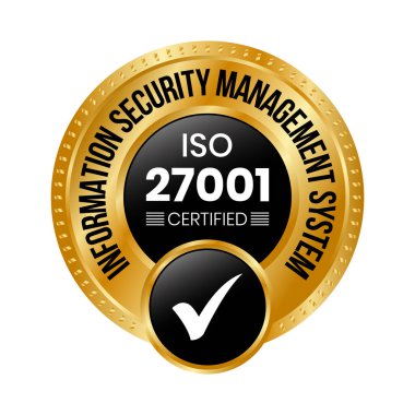 ISO 27001 Sertifikalı Rozet veya Bilgi Güvenliği Yönetimi Sistemi, ISO 27001 Vektör Simgesi, Lastik Damga, Mühür, Etiket, Amblem, Çek İşaretli, Parlak ve Altın Rozet Resimleri