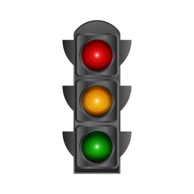 Üç ana İşaret Kırmızı, Sarı ve Yeşil Vektör İllüstrasyonlu Gerçekçi 3D Trafik Işığı İşareti Beyaz Arkaplanda İzole Edilen Aracı Durdurmak İçin Otobanda Trafik Işığı Simgesi