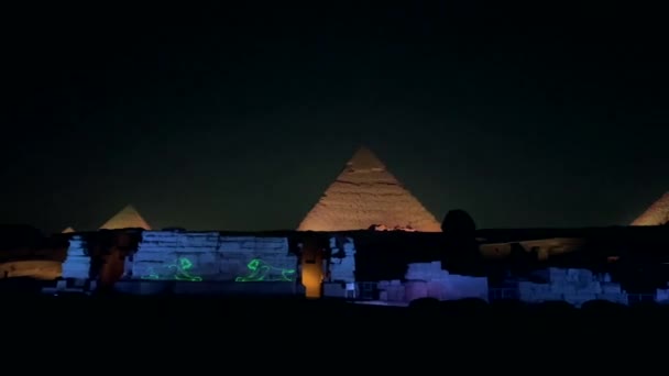 Вид Плато Гіза Піраміди Сфінкс Освітлені Вночі — стокове відео