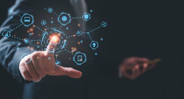 networking internet concept, businessman touching on virtual screen show cloud computing network, icon information idea technology trading communication.