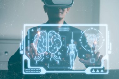 VR gözlük takan adam sanal ikon beyin ai ikonları, yapay zeka teknolojisi tıbbi sağlık teknisyeniyle çalışıyor..