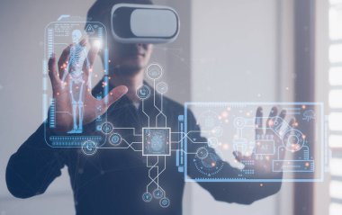 dijital teknoloji medikal internet bağlantısı, VR gözlük takan adam sanal küresel internet bağlantısı metaverse, yapay zeka teknolojisi tıbbi sağlık teknisyeni.