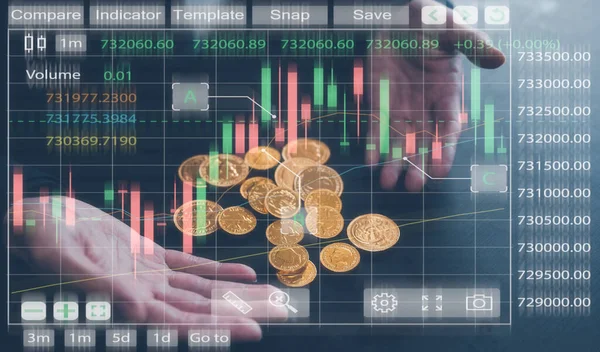 Koncept Investiční Finanční Strategie Muž Držící Zlatou Minci Pracující Virtuálním — Stock fotografie