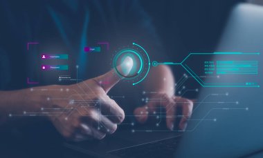 Siber ağ güvenliği parmak izi taraması ve biyometrik kimlik doğrulaması, biyometrik erişim kişisel verilerinin işlenmesi. Dijital program siber fütüristik uygulamaların siber-fütüristik uygulamalar gizlilik erişimi