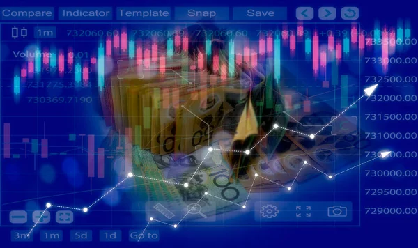 Concept Investissement Billet Banque Australien Avec Graphique Trading Virtuel Tendance — Photo