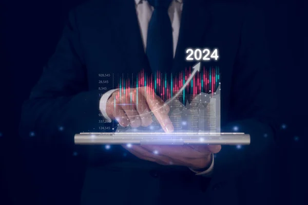 2024 Business Planning Concept Stratégie Homme Affaires Pointant Icône Virtuelle — Photo