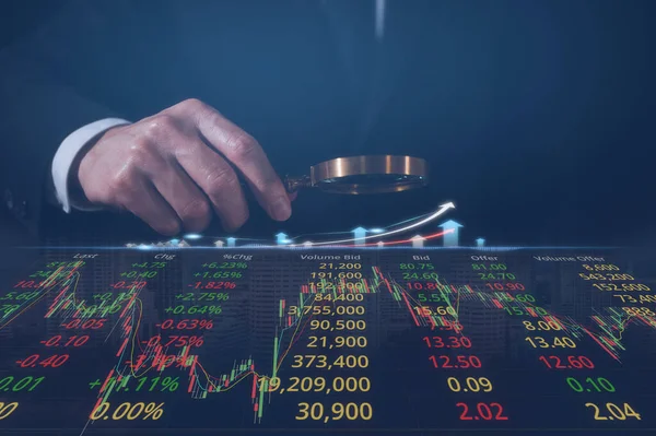 Businessman Holding Magnifying Glass Examining Trading Graph Stock Data Market — Stock Photo, Image