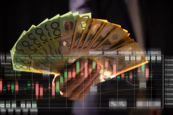 Investimento Conceito Poupança Financeira Dinheiro Dólar Australiano Aud Notas Mãos — Fotografia de Stock