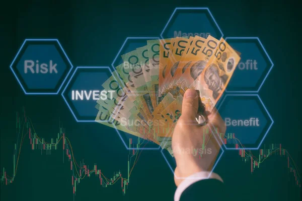 Investimento Conceito Poupança Financeira Dinheiro Dólar Australiano Aud Notas Mãos — Fotografia de Stock