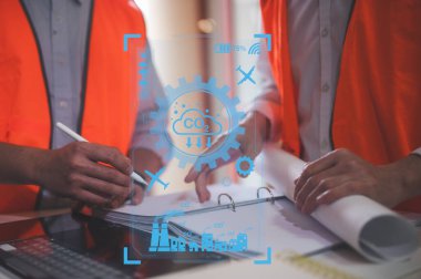 küresel ısınma, enerji, mühendis veya ustabaşı co2 projesini azaltmak için ikonlar, küresel ısınma emisyonları, karbon ayak izi iklim değişikliği ile sanal modern CO2 emisyon kavramını azaltma