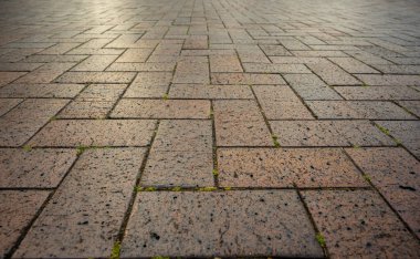 Tuğla döşeme, tuğla döşeme, kaldırım taşı ya da kaldırım taşı. Yol, yol, garaj ve veranda için betondan ya da taştan imal edilmiş. Perspektif görünümünde boş kat seçici odak