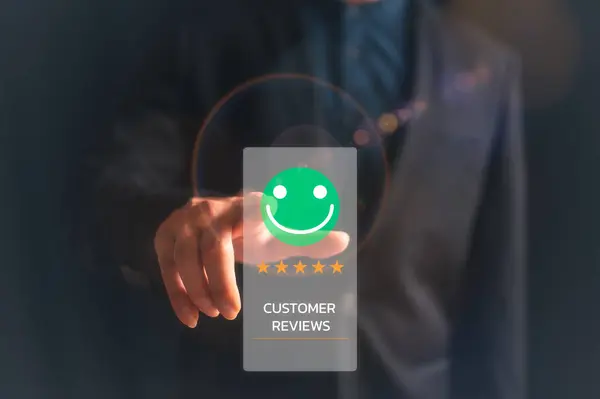 Customer service and satisfaction concept, Businessman press icon show satisfied happy with client service, Customer service evaluation concept, feedback and review for improvement business success