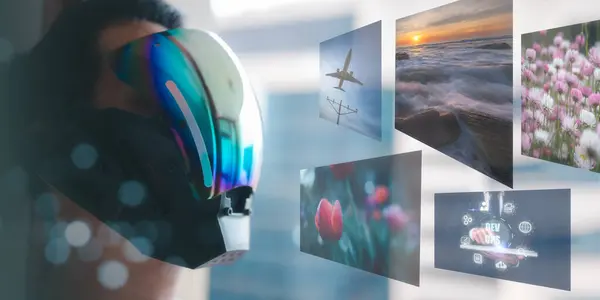 Man Verwendet Virtual Reality Headset Für Online Unterhaltung Und Arbeitet — Stockfoto