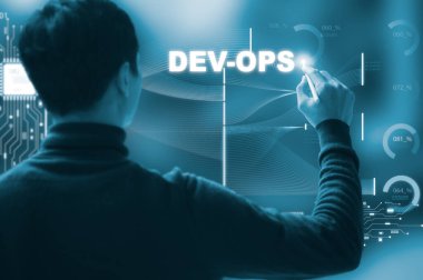 DevOps yazılım geliştirme ve bilişim işlemleri, yazılım mühendisi, çevik metodolojide çalışan proje yöneticisi, dev işletim simgesi ve javascript. Geliştirme Operasyonları programlama teknolojisi kavramı