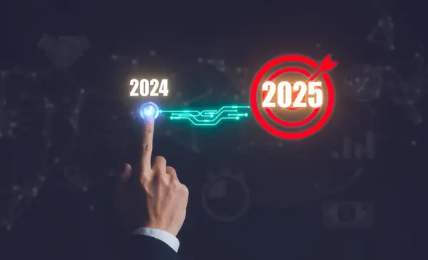 hand press start button to corporate future growth 2024 to 2025. Planning, opportunity, challenge and business strategy Plans and Visions for Year 2025
