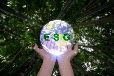 Çevre toplumu ve yönetim kavramında bulanık yeşil arka plana sahip kristal küreyi tutan eller, sürdürülebilir iş, çoklu pozlama, NASA tarafından desteklenen bu görüntünün elementleri