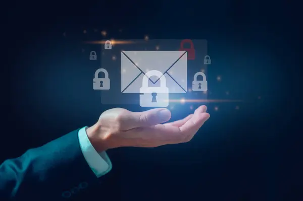 email online security concept Businessman holding icon email and padlocks show cybersecurity and privacy to protect personal data from scammer