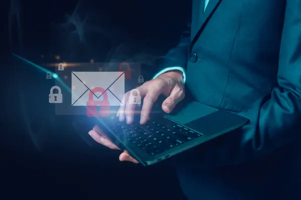 email online security concept Businessman holding icon email and padlocks show cybersecurity and privacy to protect personal data from scammer