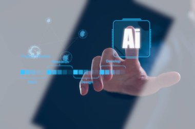 Yapay Zeka ve Yapay Zeka Teknolojisi ve insan konsepti, insan yapay zekayı işe yardım etmek için kullanır. İş dünyası modern teknoloji, internet ve ağ günlük hayatta yapay zeka teknolojisini kullanıyor