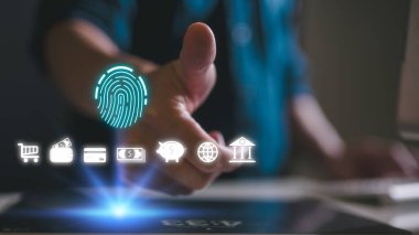 Technology fingerprint scan provides security. digital transformation change management, business man Fingerprint scanning and biometric authentication, cybersecurity and fingerprint password clipart