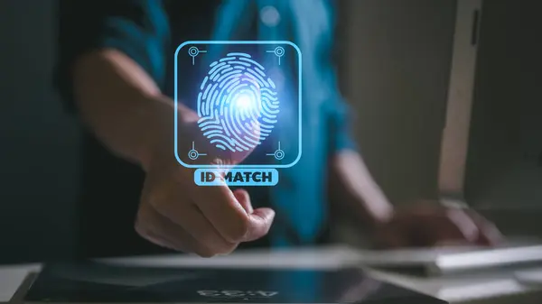 Technology fingerprint scan provides security. digital transformation change management, business man Fingerprint scanning and biometric authentication, cybersecurity and fingerprint password