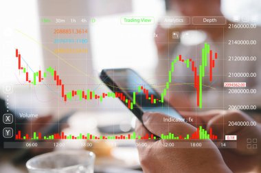 Yatırım borsası veri analizi konsepti, akıllı telefon analisti kullanan iş adamı sanal ticaret grafiği, çevrimiçi ticaret, finansal mobil uygulama platformu