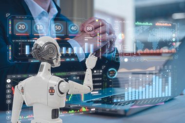 Yapay Zeka 'dan Chatbot Sohbeti. Teknoloji ürünü akıllı robot yapay zeka kullanımı, ai robotla yapay zeka ticareti, dijital dönüşüm teknolojisi.