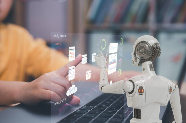 learning concept children using computer in classroom working with robot analysing or creating program and data chart, kid skill development and activity
