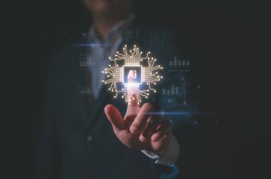 Yapay Zeka Yapay Zeka Ai teknolojisi, akıllı robot kullanan adam, yapay zeka üretimi için komut girerek, gelecekteki teknoloji dönüşümü