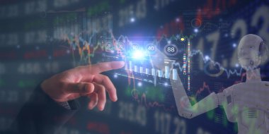 Yatırım ve finans konsepti AI ticaret ve veri analizi İş finans veri analizi grafikleri. Finansal yönetim teknolojisi. Sanal ekranda KPI Kontrol Paneli kullanan danışman