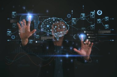 İş adamı diyagram, Belge Dijital Dönüşüm Teknolojisi, IOT, internet gibi şeylere işaret ediyor. Fikirlerin dönüşümü iş dünyasında teknolojinin benimsenmesi küresel kapasiteyi artırıyor. Ai